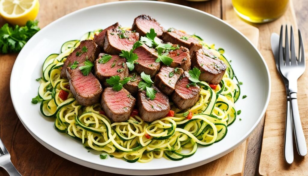 garlic butter steak bites with lemon zucchini noodles